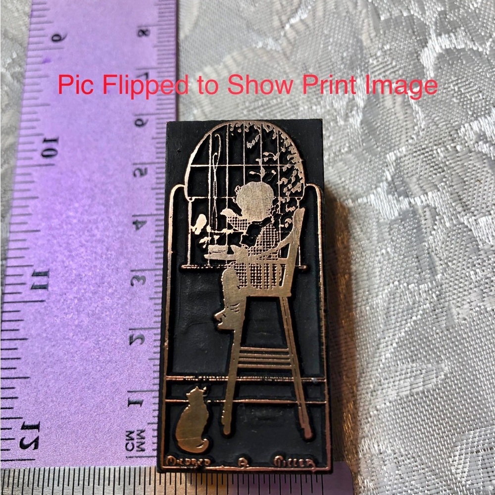 Antique Wooden Print Block Copper Child Bird Cat